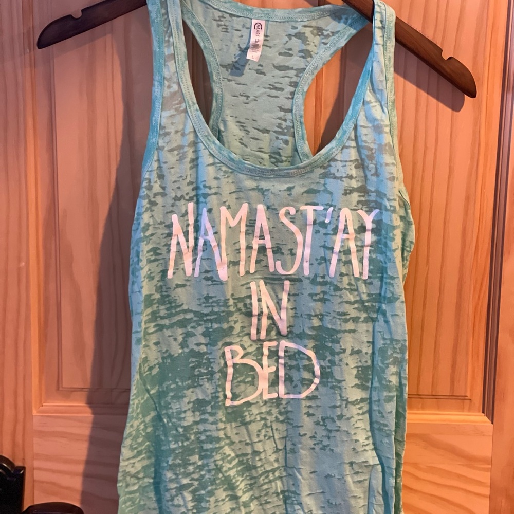Light Green Tank Top with 'Namast'ay in Bed' Print